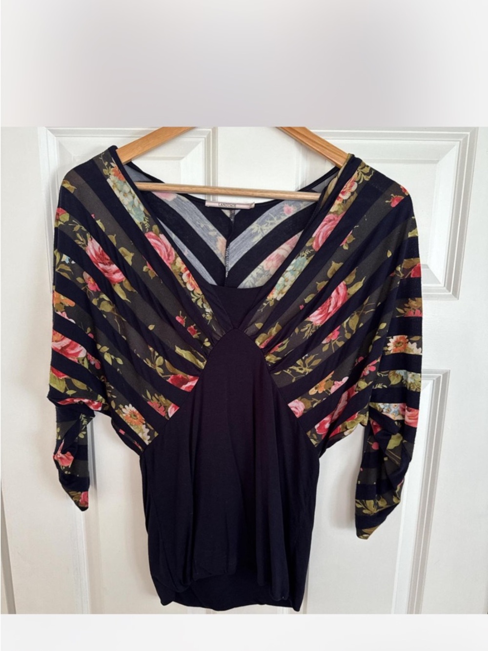 Language Black Floral Stripe V-Neck Top